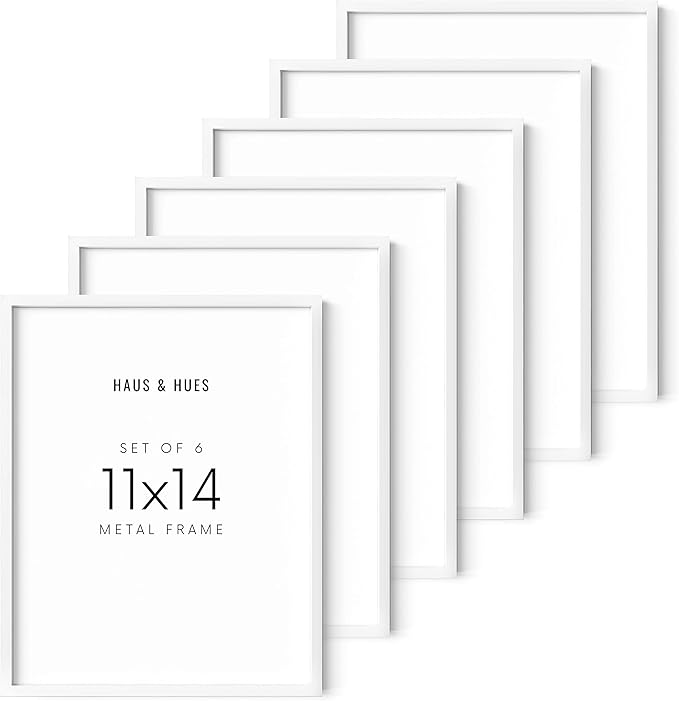 HAUS AND HUES 11x14 White Aluminum Frame Set of 6 - Modern Gallery Pack, Shatterproof Plexiglass (11x14 in, White)