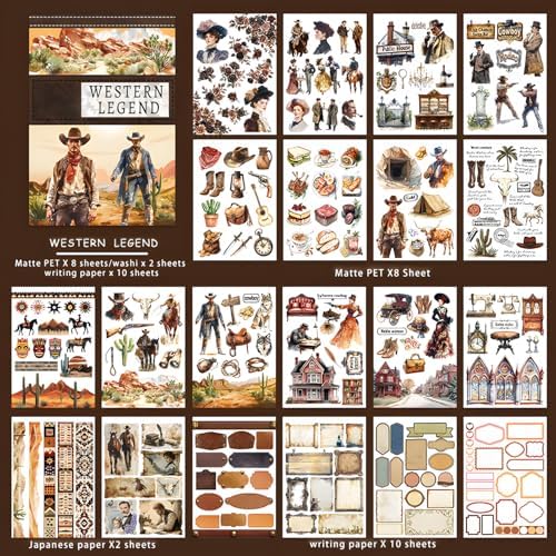 Snycler Sticker Book - 20 Sheets Vintage PET Stickers for Scrapbooking, Junk Journaling, Ephemera, and Decorative Crafts-Western Legend - Image 6