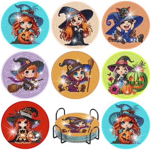 askkqtx 8 Pcs Halloween Diamond Art Coasters Kits with Holder 4X4 Inch by askkqtx