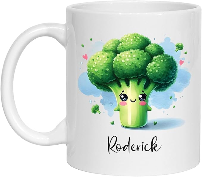 Personalized Cartoon Broccoli Coffee Mug With Kid Name, Awesome Broccoli Travel Cups For Healthy Vegetable Lovers, Custom Broccoli Lover Ceramic Mug 11oz 15oz, Vegan Teacup Gifts, Broccoli Fans Mugs