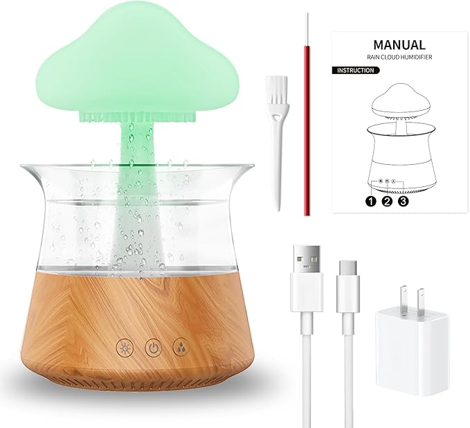 Rain Water Drop Humidifier - Mushroom Cloud Lamp Humidifier, Essential Oil Diffusers, 300ml White Noise Aromatherapy Diffusers with 7 Colors Cloud Lights for Home, Large Room, Office - Wood Grain