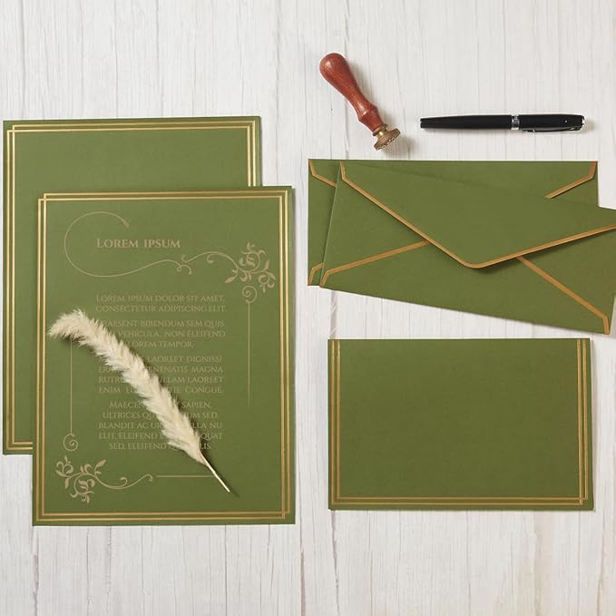 50 Pack Stationery Set with Gold Border, #10 Business Envelopes and 8.5x11 Paper Sheets and Stickers for Writing Letters (Olive Green, 8.5x11 Inches)
