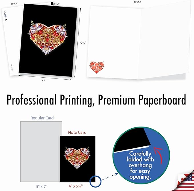 The Best Card Company - 20 Cute Boxed Cards (4 x 5.12 Inch) - Assorted Blank Set (10 Designs, 2 Each) - Baroque Hearts AM8999OCB-B2x10