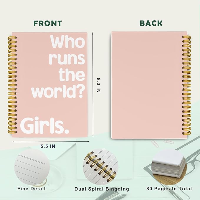 Who Runs The World Journaling Notebooks, Pink Preppy Spiral Notebook, Inspirational Gifts for Women Teen Girls, Hardcover Spiral Notebooks College Ruled 5.5 x 8.3