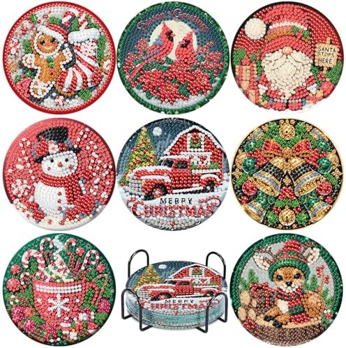 8 Pcs Christmas Diamond Art Painting Coasters Kits,Winter Snowman Coaster with Holder for Adults, Non-Slip DIY Dot Paint Craft Kits,5D Full Drill DIY Diamond Dot Gem Art Kit Home Decor Arts Craft by NEGEKFKX