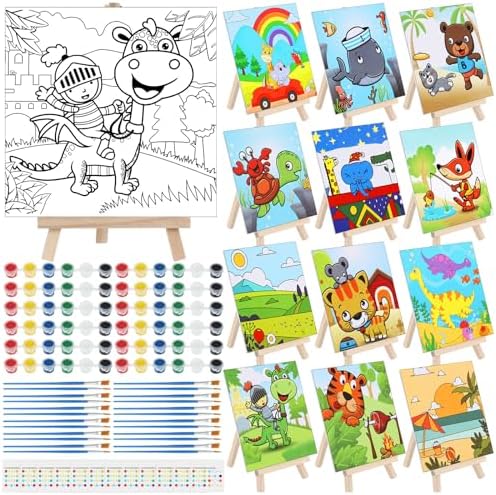 Tenceur 12 Sets Pre Drawn Canvas to Paint Adult Stretched Coloring Painting Canvas Panels with Design Easel and Brushes for Party Supplies Beginner Favor(Cute Style) by Tenceur