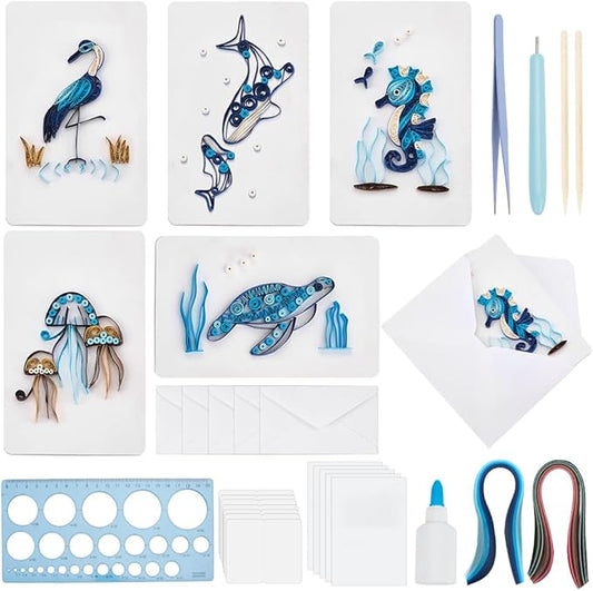 WEBEEDY 20 Sets Paper Quilling Kit for Adults Beginners 5 Styles Sea Animals Quilling Greeting Card Making Kit with Instruction DIY Turtles Dolphins Flamingos Jellyfish Seahorses Cards for Birthday