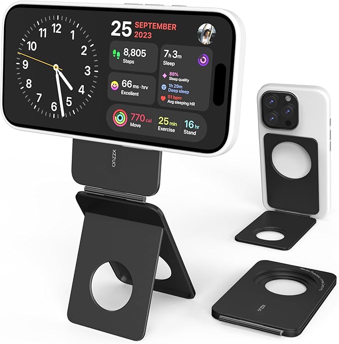 Cell Phone Stand,Adjustable Height and Angle Foldable Phone Holder for Desk, Aluminum Cell Phone Holder,Strong Magnetic Phone Stand Compatible with iPhone 16/15/14/13/12 Series (Black)