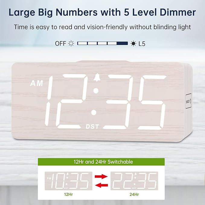 DreamSky Wooden Digital Alarm Clock with Wireless Charging for Bedroom, Bedside Nightstand Clock with Charger Station, USB Port, Large Numbers, Adjustable Volume, Brightness Dimmer, DST