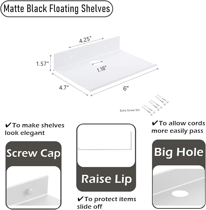 Small Floating Shelves, Adhesive Bluetooth Speaker Shelf, Renter Friendly Floating Corner Shelves with Cable Clip, Wall Mounted, Display Shelf for Smart Speaker, White, Aluminum, 6 inch, 2 Pack
