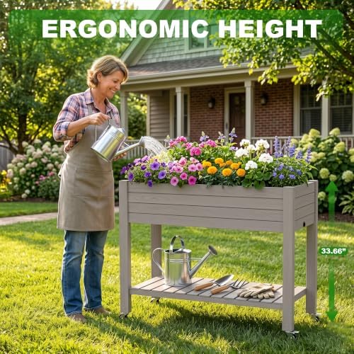 Elevated Resin Raised Garden Bed, 33.7in Height Raised Planter Box with Drainage Holes, Lockable Rotating Wheels & Bottom Storage Shelf, Stake Support, Easy Assembly for Patio Lawn Backyard Balcony - Image 6