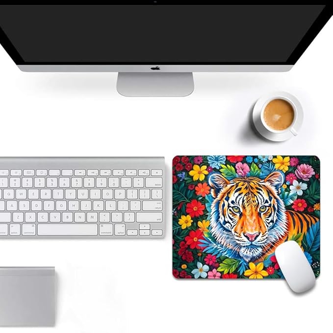 Tiger and Flower Texture Mouse pad, Square Waterproof and Anti Slip Mouse pad for Office laptops