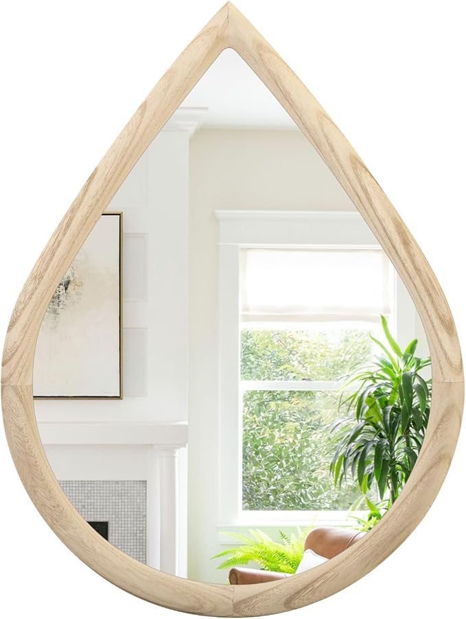 Teardrop Wall Mirror Small Natural Wood Framed Wall Hanging Mirror Irregular Mirrors for Wall Decorative Farmhouse Bedroom Bathroom Entryway Mirrors