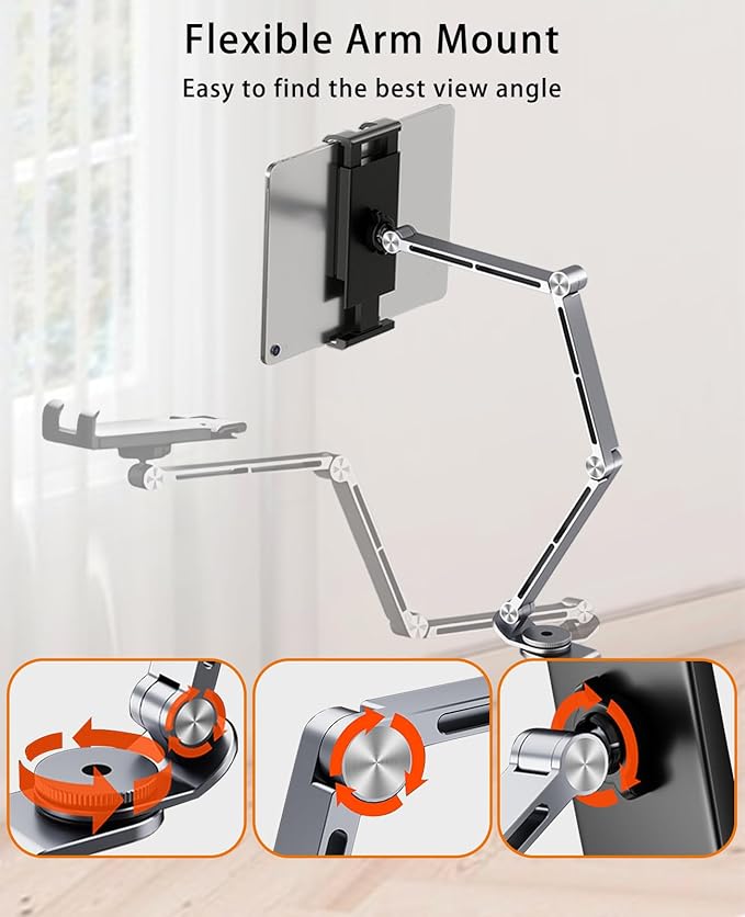 iPad Mount for Desk Aluminum Alloy Tablet Stand Foldable Overhead Arm Holder Mount Fits for 4.7-15.6" Screen Phone,Kindle,Fire HD,Monitor,iPad,Galaxy Tab Series (Gray)