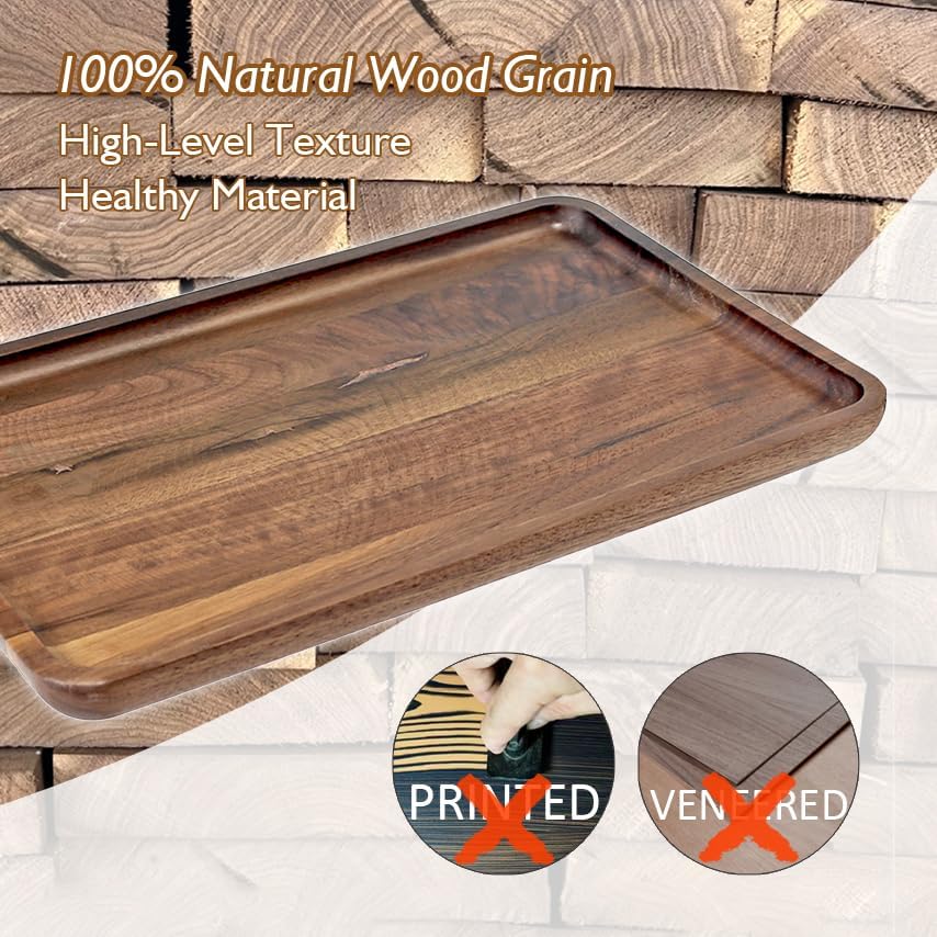 Wooden Serving Tray Walnut Wood Breakfast Platter Food Snack Dessert Coffee Tea Decorative Vanity Tray with Edge for Kitchen Living Room Bathroom Bedroom Home Decor (Large, Rectangular) - Image 2