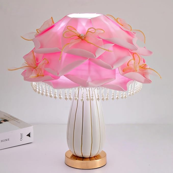 Pink Flower Lamp Romantic Bouquet Bedside Lamp Cute Nightstand Light Nordic Bow Table Lamp for Bedroom Living Room Entry Office Study Room Kid Room Valentines Dating Wedding Chirstmas Deco
