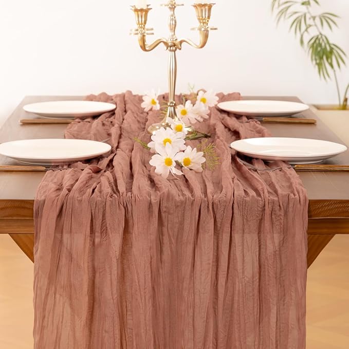 Socomi 3pcs Dusty Rose Valentine's Day Cheesecloth Table Runner Boho Rustic Gauze 120 inch 10FT Cheese Cloth Runner for Wedding Party Baby Shower Birthday Home Decor Holiday Decorations