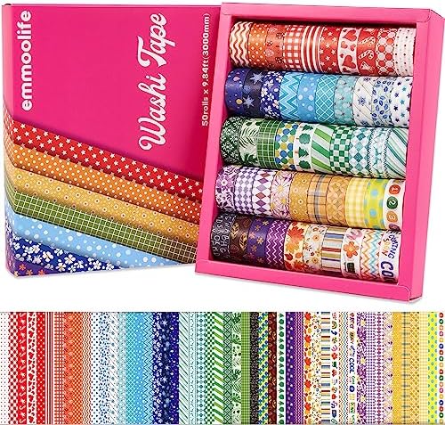 emmoolife 50 Rolls Washi Tape Set, 15mm Wide Rainbow Colored Tape Aesthetic Design Masking Decorative Tape for Scrapbooking Supplies, Bullet Journaling, Junk Journal, Wrapping Planners, DIY Arts Craft by emmoolife