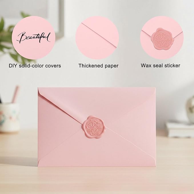 20 Pack Pink Envelopes 5x7 for Invitation, A7 Invitation Envelope with Wax Seal Sticker for Birthday, Weddings, Graduations, Greeting Cards, Baby Shower Invite