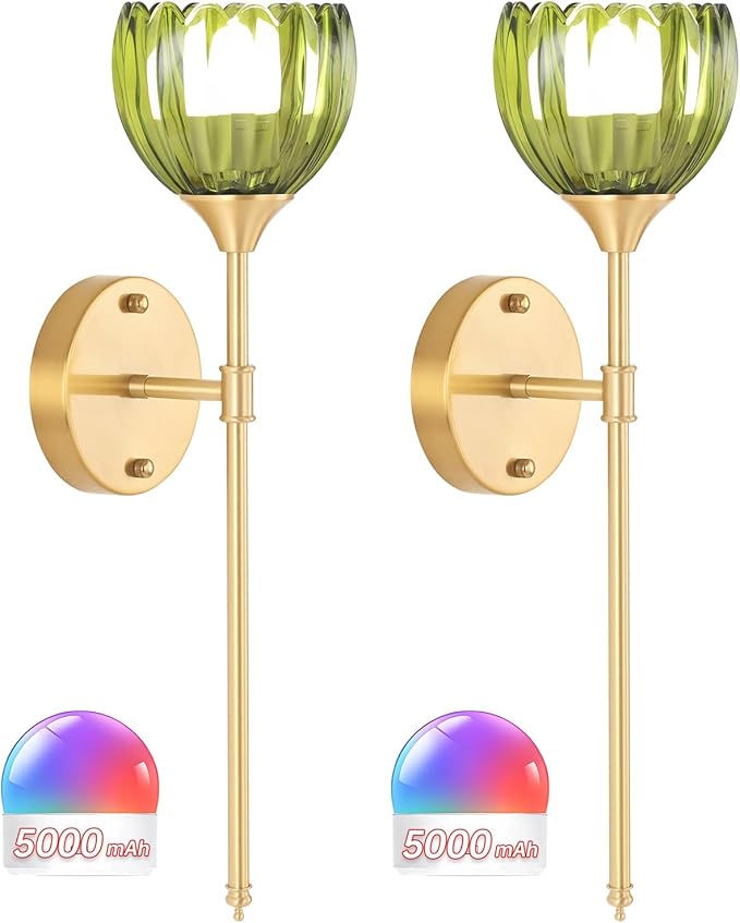 Battery Operated Wall Sconce Set of 2, Green Tulip Vintage Wall Light Fixture Rechargeable 5000mAh Battery Powered Wall Lamp with Remote for Living Room Bathroom