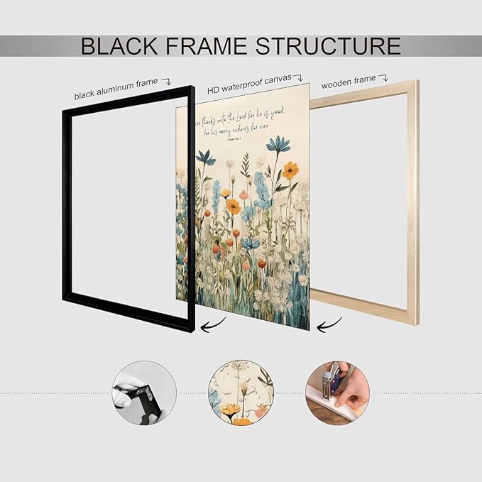 Religious Christian Wildflower Wall Art Bible Verse Scripture Poster Vintage Botanical Canvas Prints 12X16 inch Black Framed for Apartment Bedroom Gallery Wall Decor