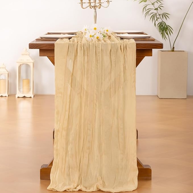 Socomi Gold Champagne Cheesecloth Table Runner Valentine's Day Boho Rustic Gauze 120 inch 10FT Cheese Cloth Runner for Wedding Party Baby Shower Birthday Home Decor Holiday Decorations