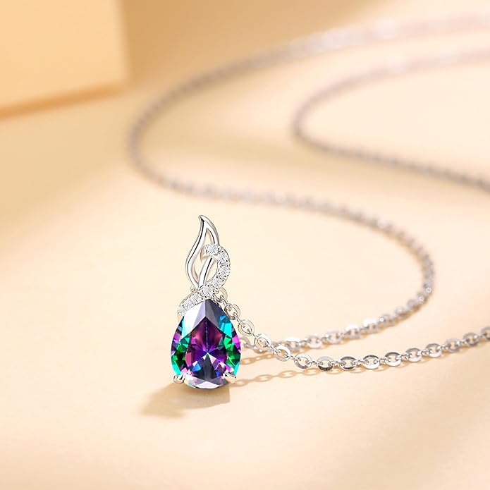 FANCIME 14K Solid White Gold Teardrop Pendant with Diamond Birthstone Necklace