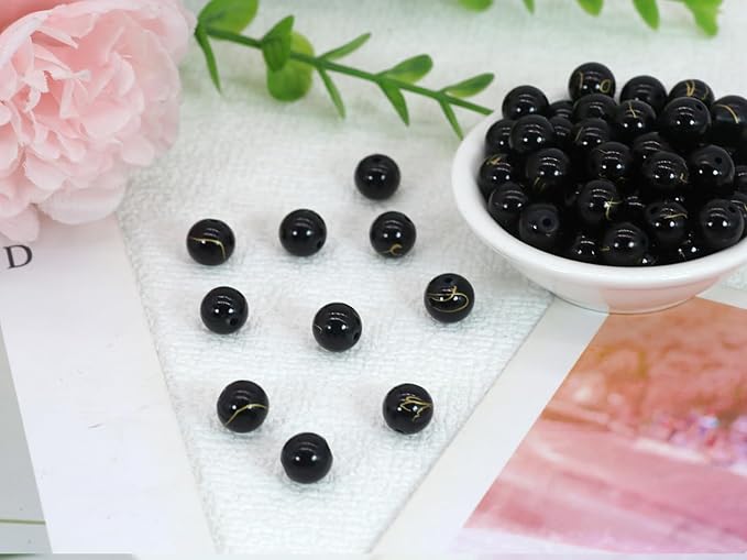 Pamir Tong 300PCS 10mm Black & Gold Round Glass Beads Bracelet Space Loose Smooth Beads for Jewelry Making, Earring, Necklaces, Keychains, Lanyards & Adult Crafting