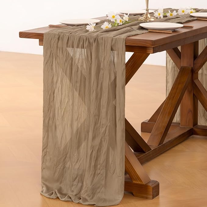 Socomi 6pcs Nude Brown Cheesecloth Table Runner Valentine's Day Boho Rustic Gauze 120 inch 10FT Cheese Cloth Runner for Wedding Party Baby Shower Birthday Home Decor Holiday Decorations