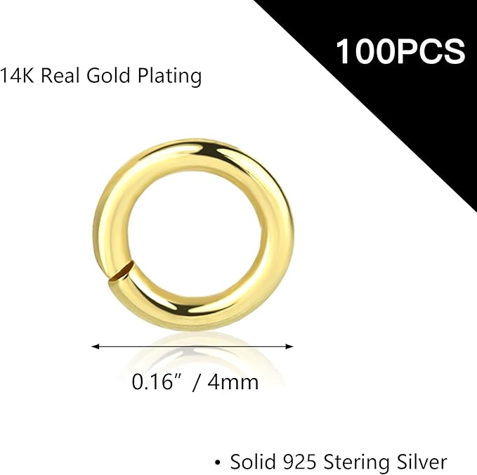 ALEXCRAFT 4mm Sterling Silver Jump Rings 14K Gold Plated 925 Sterling Silver Open Jump Rings for Jewelry Making（100 PCS）
