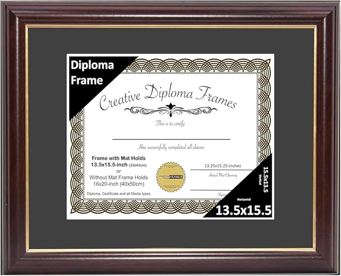 Creative Picture Frames 13.5x15.5 Mahogany Gold Rim Diploma Frame with Black Mat Glass and Installed Wall Hangers | Frame Holds 16x20 Media without Mat