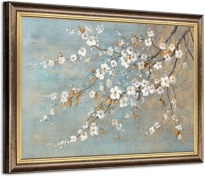 Rustic Floral Wall Art Framed: Large Rustic Flower Canvas Painting Gold Foil White Plum Tree Blossom Picture Vintage Hand-Painted Artwork for Living Room Bedroom Home Office
