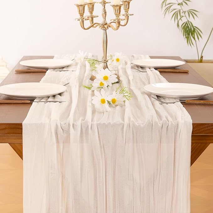 Socomi Ivory White Cheesecloth Table Runner Valentine's Day Boho Rustic Gauze 120 inch 10FT Cheese Cloth Runner for Wedding Party Baby Shower Birthday Home Decor Holiday Decorations