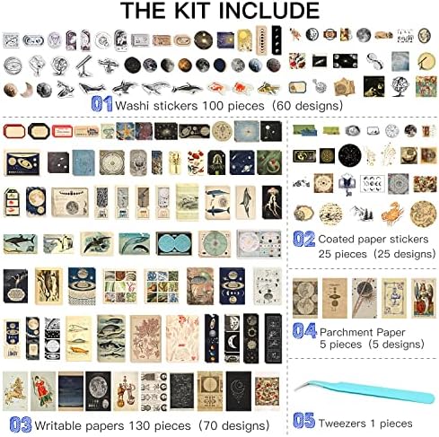 Aromoty 260 Pieces Vintage Art Scrapbooking Supplies Stickers,Aesthetic Washi Stickers Paper Kit Stationary Junk Bullet Journals,Daily Planner,DIY Craft Tweezers Cottagecore Decor - Image 2