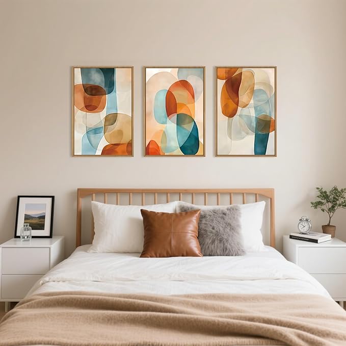 Large Abstract Color Block Framed Canvas Wall Art,Boho Orange and Blue Ovals Wall Decor,Modern Colorful Shape Artwork,Watercolor Geometric Art Print for Living Room,Bedroom,Office- 24"x36"x3