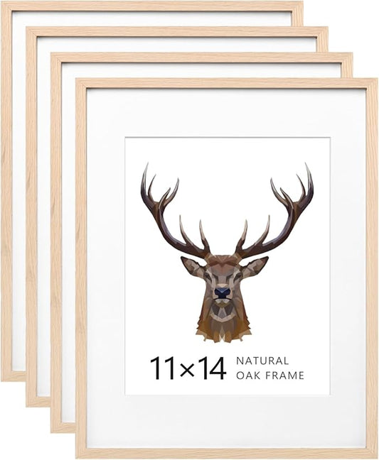 KINLINK 11x14 Frames Natural Oak Wood Frames with Acrylic Plexiglass, 4 Pack