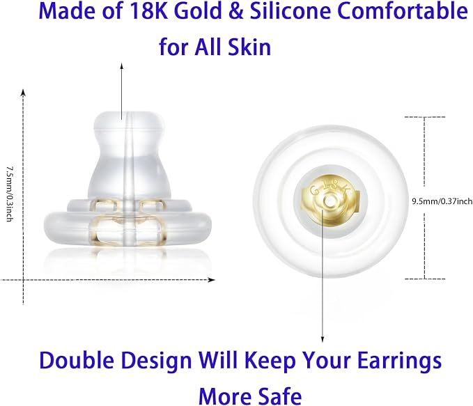 DSOMHZ Earring Backs,Silicone Earring Backs Replacements,18K Gold Locking Secure Earring Backs for Studs/Droopy Ears,No-Irritate Hypoallergenice Soft Clear Earring Backs for Adults&Kids(Gold)