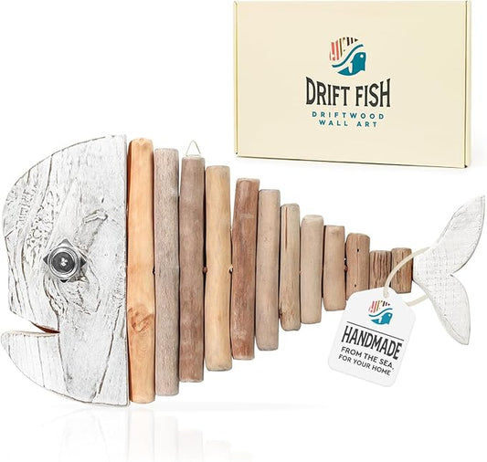 Mint Bucket Brands Driftwood Fish Nautical Wall Decor - 18" x 10" Handmade Wooden Rustic Coastal Wall Art for Living Room, Bedroom, Office, Bathroom - Ocean Beach Decoration (Crystal)