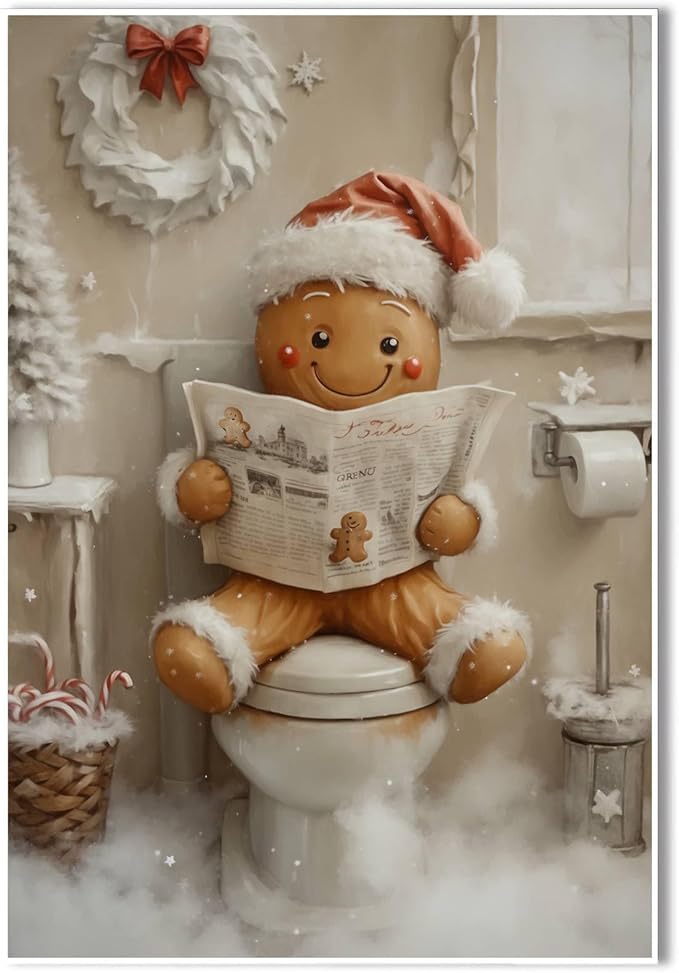 Christmas Bathroom Canvas Painting Gingerbread Man Holiday Print Santa Hat Cookie Character Wall Art Vintage Rural Art Winter print Indoor Decor for Bathroom Living Room Funny Christmas Holiday