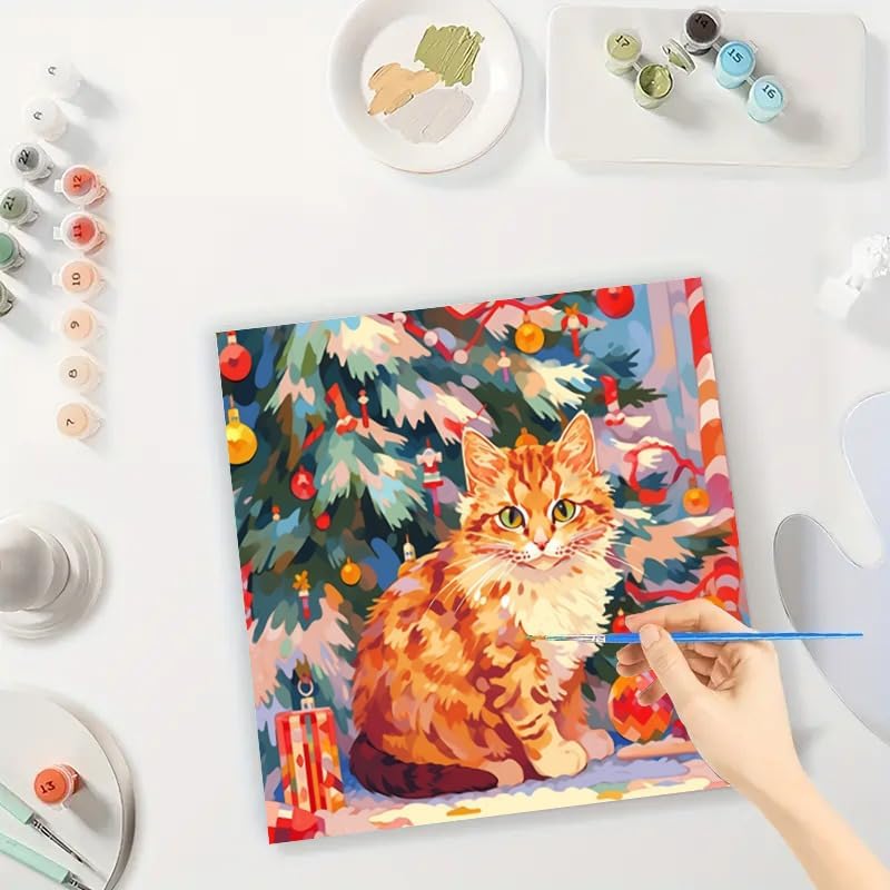 TAOPAOLAB Christmas Cat Digital Painting Kit for Adults - DIY Ginger Cat by Tree Oil Painting on Canvas 7.87x7.87in, Framed Acrylic Paint Kit, Good for Beginners, Holiday Home Decor or Gift Artwork - Image 3