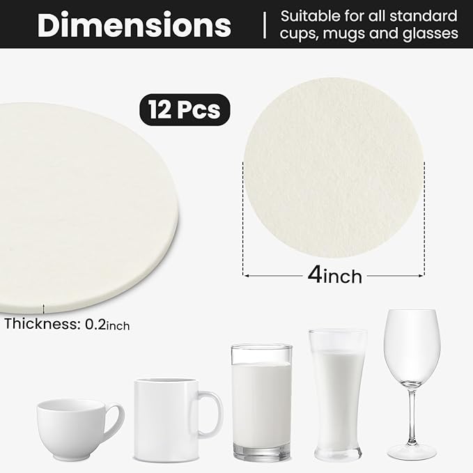 12 Pcs Felt Drink Coasters, 4 Inch Round Absorbent Felt Coasters for Drinks, Thickened Absorbent Coaster for Home Decor Coffee Tabletop Protection, Beige