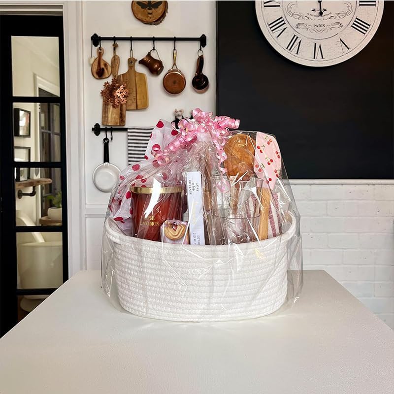 Woven Cotton Rope Storage Basket with Handle, Round Home Storage Basket for Home Organization and Gift Organizer, Home Organizer, Bedroom, Living Room, 12 x 8 x 5 Inch (White) - Image 3