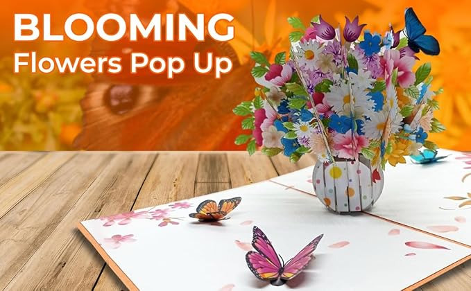 iGifts And Cards Flower Vase Magic Pop Up Card – 6" x 8" 3D Floral Bouquet Greeting with Butterflies for Birthday, Mother’s Day, Anniversary, Thinking of You, Surprise Gift with Envelope