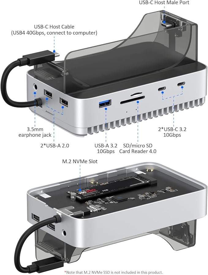 Vertical Station Mac mini M4 M.2 NVMe USB4 SSD Enclosure 40Gbps USB-C Hub Aluminum Fins Dual Host USB-C Ports SD/TF 4.0 USB