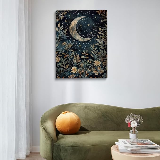 Vintage Crescent Moon Floral Botanical Poster William Morris Wall Art Print Retro Flowers Dark Academia Cottagecore Decor Canvas Prints Gothic Posters for Bedroom Living Room 24x36in Unframed poster