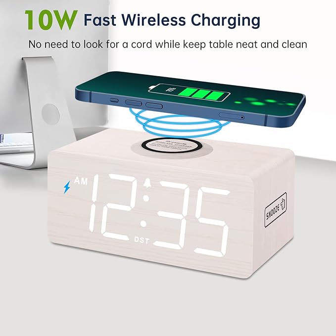 DreamSky Wooden Digital Alarm Clock with Wireless Charging for Bedroom, Bedside Nightstand Clock with Charger Station, USB Port, Large Numbers, Adjustable Volume, Brightness Dimmer, DST