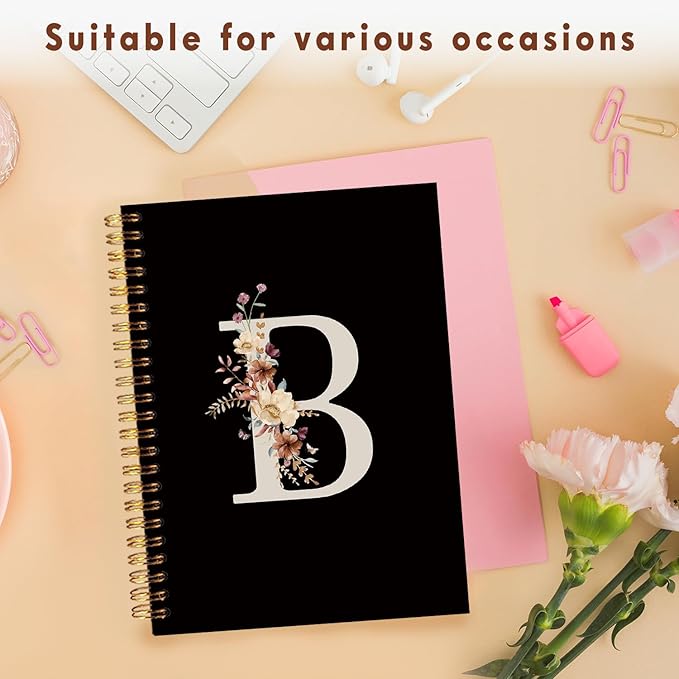 Lacama Cute Initial Letter B School Notebook Journal, Aesthetic Wildflower Personalized Black Spiral Notebook, School Supplies, Customized Monogrammed Gifts, Birthday Gifts for Women, Office Supplies