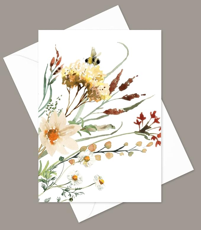 Wildflowers Greeting Cards - Set of 10 All Occasion 5x7 Note Cards with Envelopes. Blank Inside. Watercolor Designs of Wildflower Bouquets