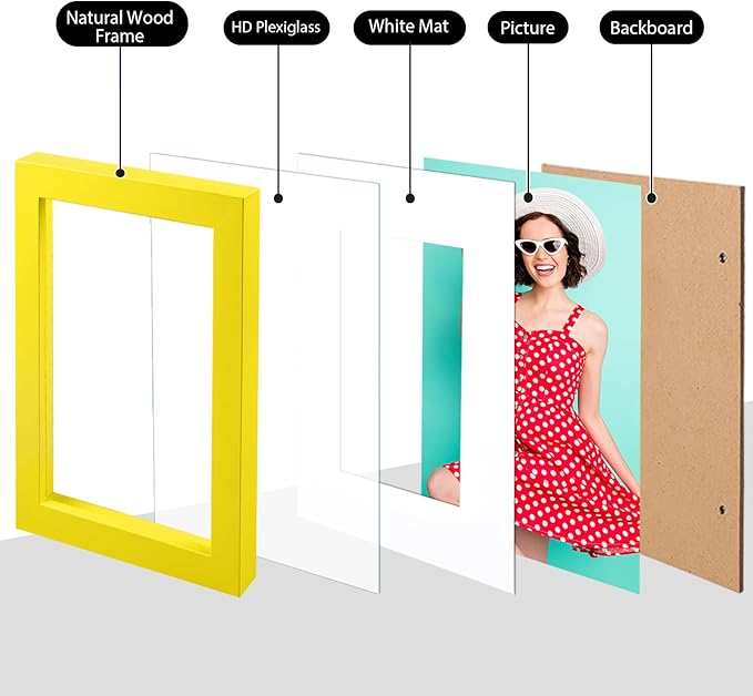 KINLINK 6x8 Picture Frames Yellow, Solid Wood Frames with Acrylic Plexiglass for Pictures 4x6 with Mat or 6x8 without Mat, Tabletop and Wall Display Photo Frame, Set of 4