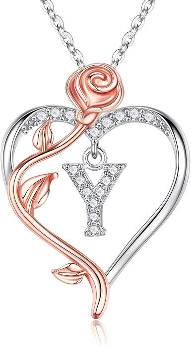 Iefil Stocking Stuffers for Women Wife - 925 Sterling Silver Rose Heart Initial Necklace, Christmas Anniversary Birthday Gifts for Women, Jewelry Gift for Her Wife Girlfriend Mom Daughter
